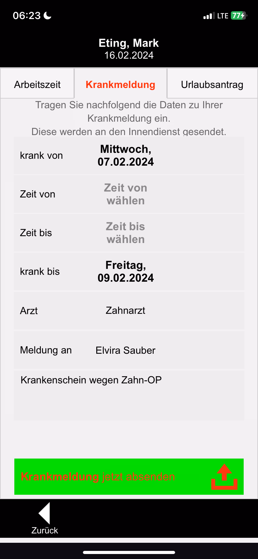 Krankmeldung an Innendienst senden